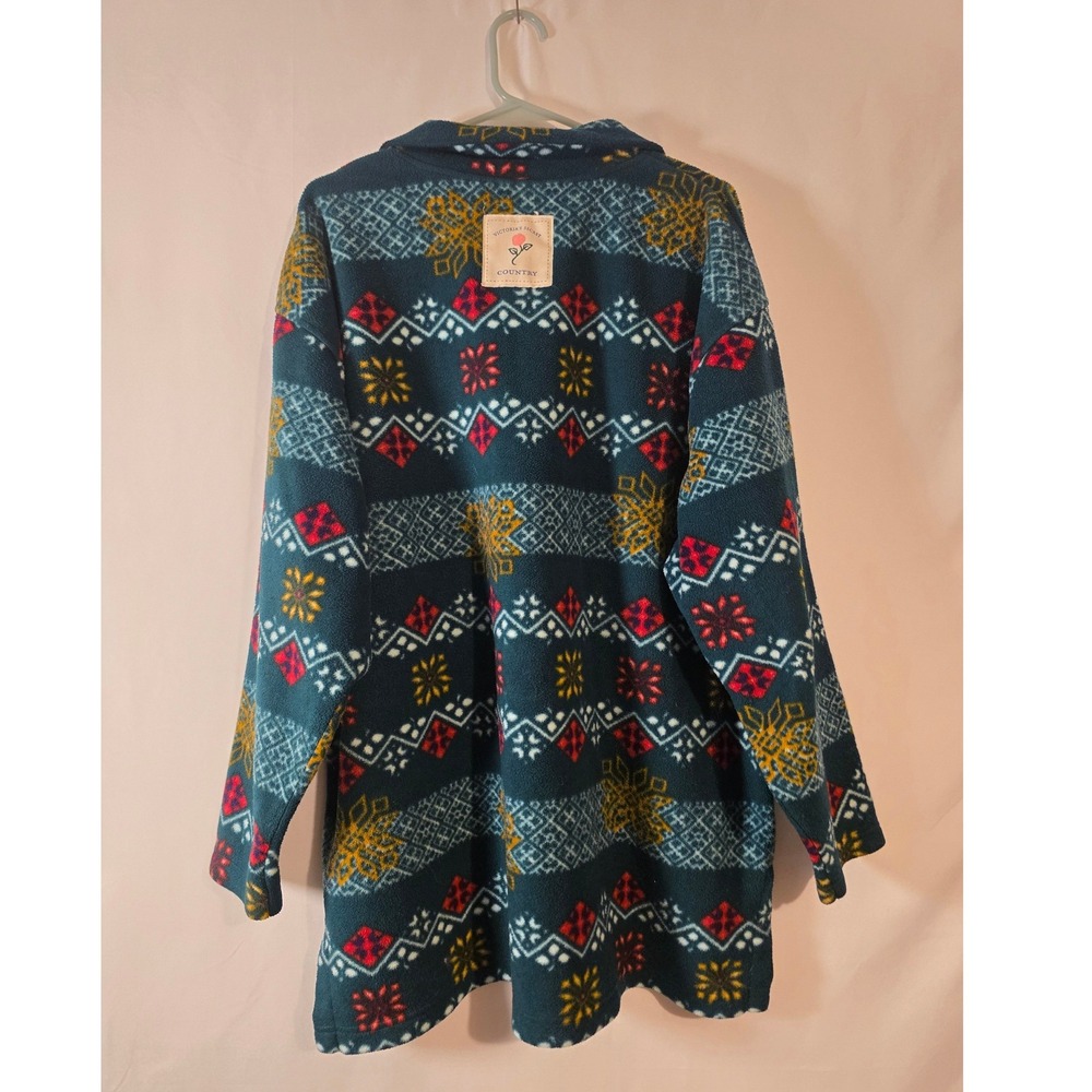 Victorias Secret Country Fleece Quarter Zip Pullover Fair Isle Teal Red Large - Picture 2 of 5